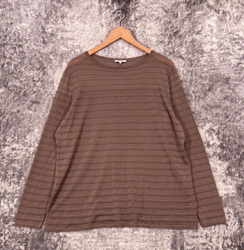 Lafayette 148 Sweater Large Womens Brown Silk Knit Stripe Pullover Lightweight